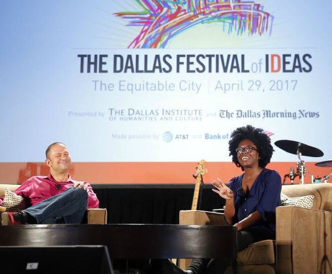 Author Yaa Gyasi (right) and Dallas Morning News critic Chris Vognar appear at The Dallas...