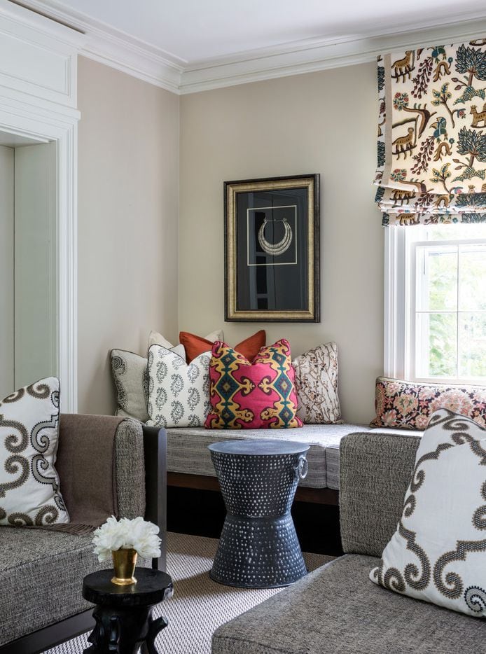 This photo provided by Marika Meyer Interiors shows a living room in Washington, D.C. Among the trends emerging for 2019 are an embrace of patterned fabrics which can be paired together, as seen in this Washington, D.C. area living room designed by interior designer Marika Meyer. (Angie Seckinger/Marika Meyer Interiors via AP)