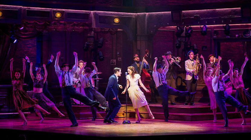 Corey Cott, Laura Osnes (center) and the company of "Bandstand" on Broadway in April 2017