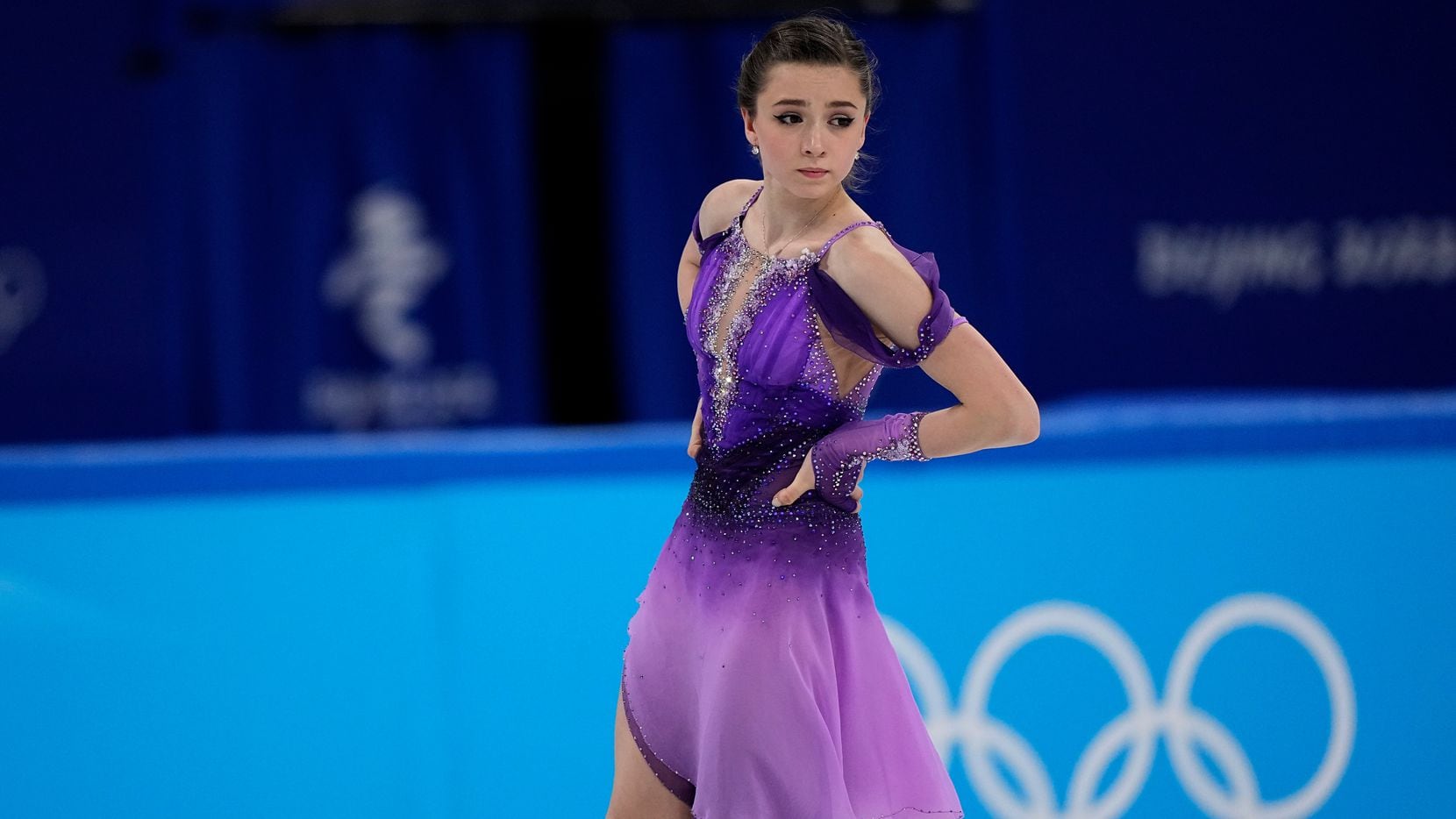 Kamila Valieva, of the Russian Olympic Committee, practices ahead of the women's short...