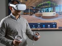 Sandeep Davé, chief digital and technology officer of CBRE Group, demonstrates how virtual...