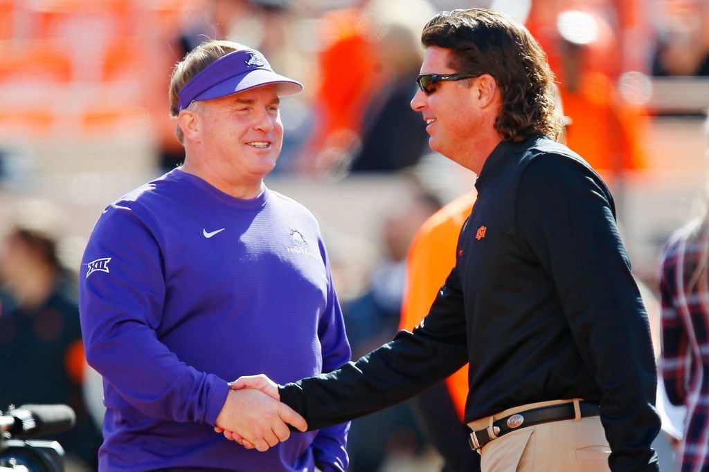 STILLWATER, OK - NOVEMBER 2:  Head coach Gary Patterson of the TCU Horned Frogs greets head...