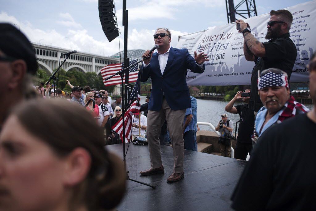 Alex Jones of the InfoWars radio show speaks at rally in support of Donald Trump near...