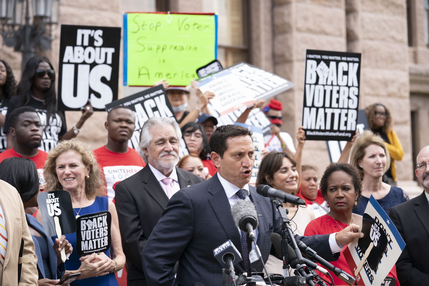 State Rep. Trey Martinez Fischer, D-San Antonio, spoke Thursday during a Capitol rally by groups including Black Voters Matter and the Texas Right to Vote Coalition. The groups decried elections bills advocated by Gov. Greg Abbott that they consider voter suppression measures. 
