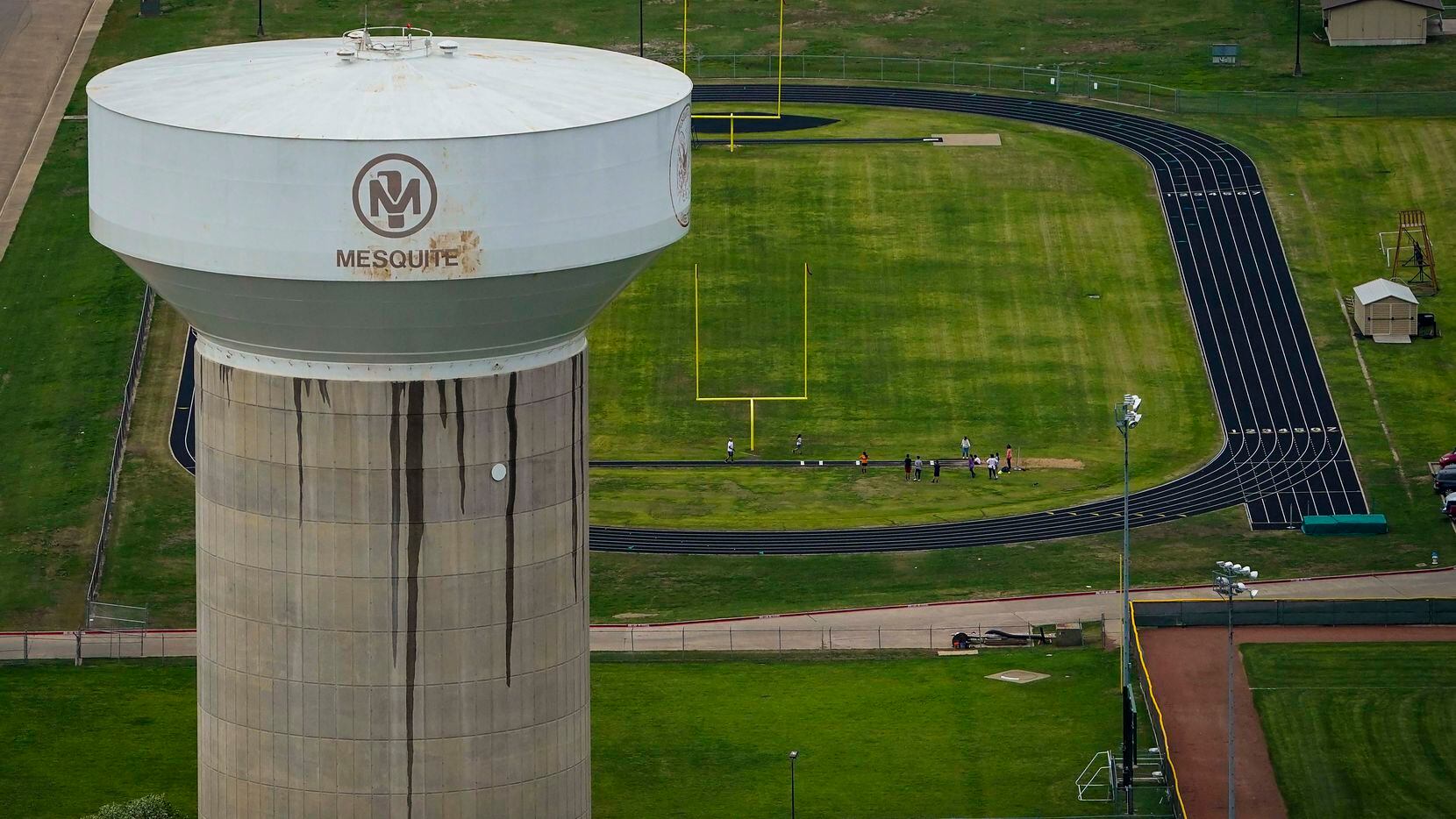 Aerial view of water tower and athletic fields at West Mesquite High School on Thursday, March 12, 2020, in Mesquite.