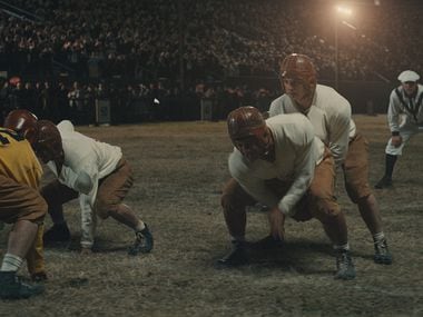 The Mighty Mites line up on offense against the Amarillo Sandies in a scene from the forthcoming movie about Texas high school football titled "12 Mighty Orphans."