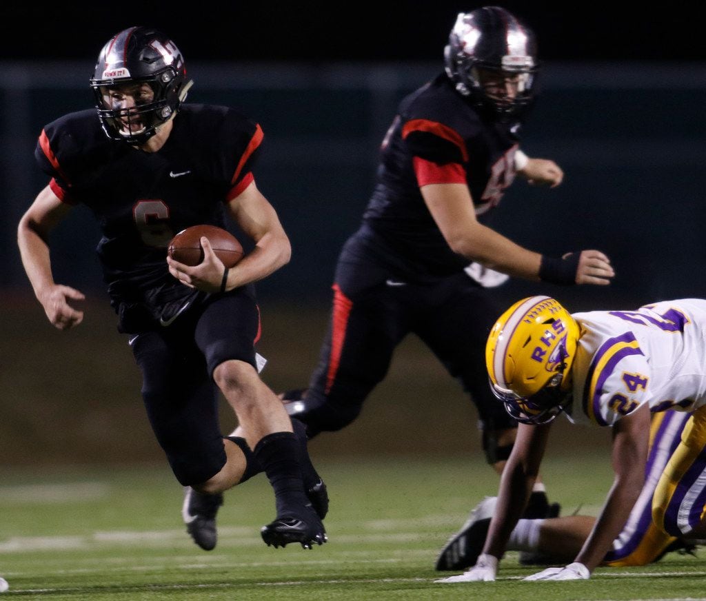 Lake Highlands quarterback Mitch Coulson (6) rambles through the Richardson secondary during...