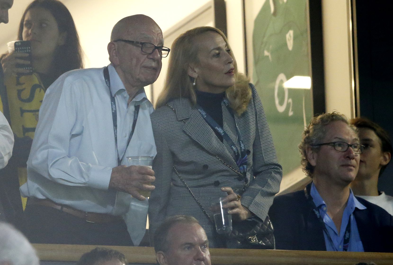 Rupert Murdoch stands with model Jerry Hall during the Rugby World Cup final between New...