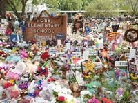 A memorial honoring the Uvalde school shooting victims outside Robb Elementary School.