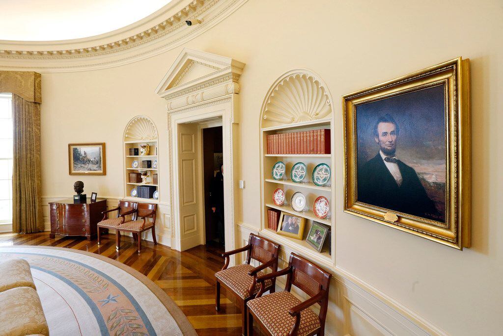 A painting of former President Abe Lincoln is on display in the Oval Office exhibit at Bush...