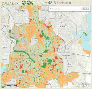  One of the Trust for Public Land's ParkScore maps showing off Dallas' parkland.