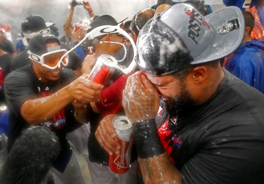 Texas Rangers Prince Fielder, right, and Leonys Martin, left, enjoy the raucous atmosphere...