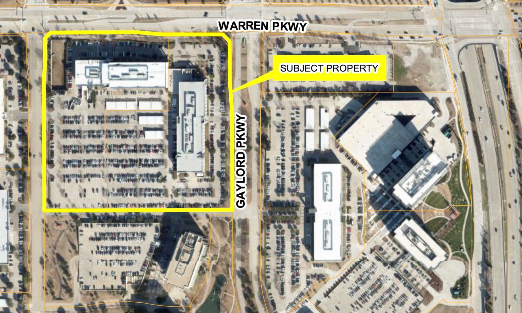 The two buildings are on Warren Parkway across the street from the Dallas Cowboys' Star development.