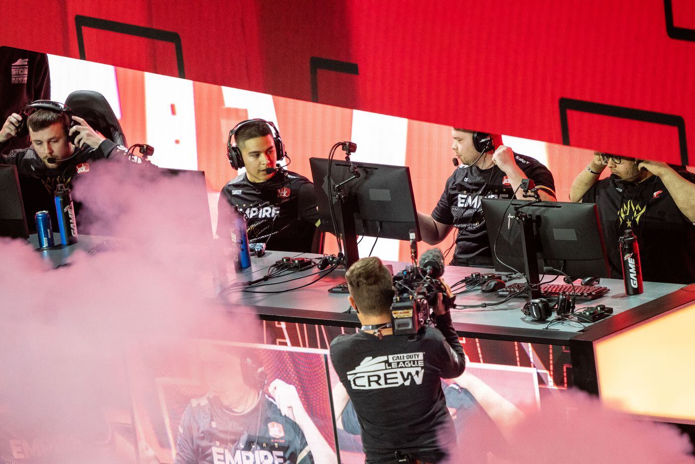 The Dallas Empire exchange fist bumps after losing to the Atlanta FaZe during the winners final of the Call of Duty league playoffs at the Galen Center on Saturday, August 21, 2021 in Los Angeles, California. The Empire lost to FaZe 0 - 3 in their first match of the day but are still in contention to play in the finals through the elimination finals. (Justin L. Stewart/Special Contributor)