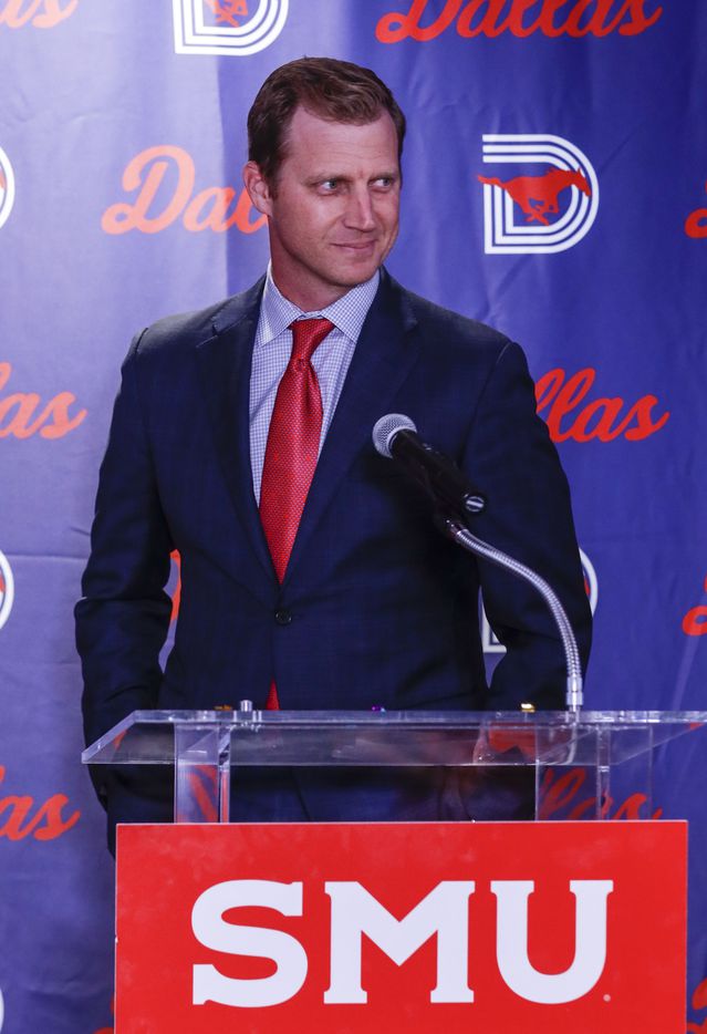 Southern Methodist University's head football coach, Rhett Lashlee speaks at a news conference for the first time at Miller Boulevard Ballroom in Dallas on Tuesday, Nov. 30, 2021. Lashlee was Southern Methodist University's former offensive coordinator football coach in 2018 and 2019 before going to the University of Miami for two seasons. (Rebecca Slezak/The Dallas Morning News)