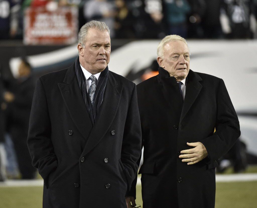 Stephen Jones and Jerry Jones walk onto the field prior to the Dallas Cowboys-Philadelphia...