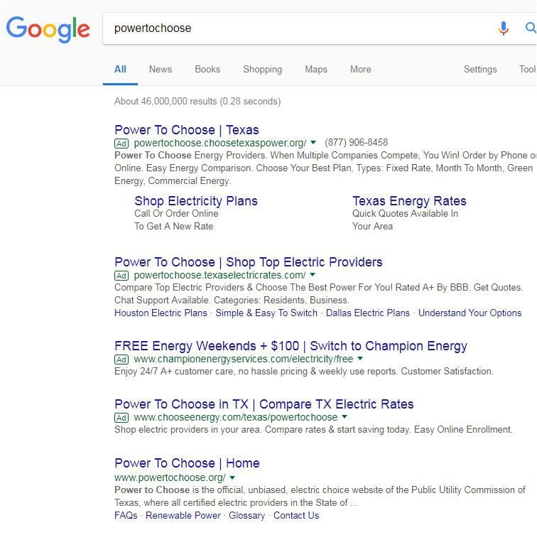 Four ads pop up on Google search for the words "power to choose" before the state's shopping...