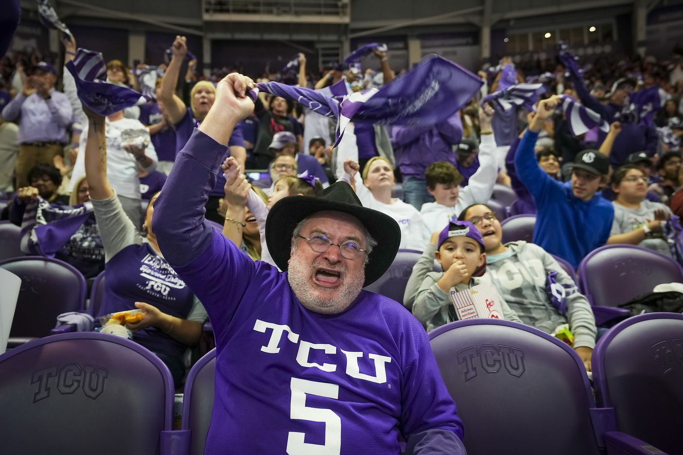 TCU fan Bruce Payne cheers his team during a College Football Playoff National Championship...
