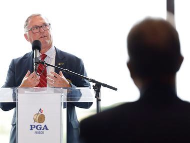 PGA of America president, Jim Richerson talks during a “Welcome Home Celebration,” event at...