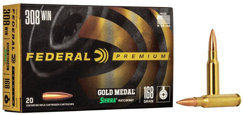 A box of bullets, Federal Premium Gold Medal Sierra Match King .308 caliber, continues to...