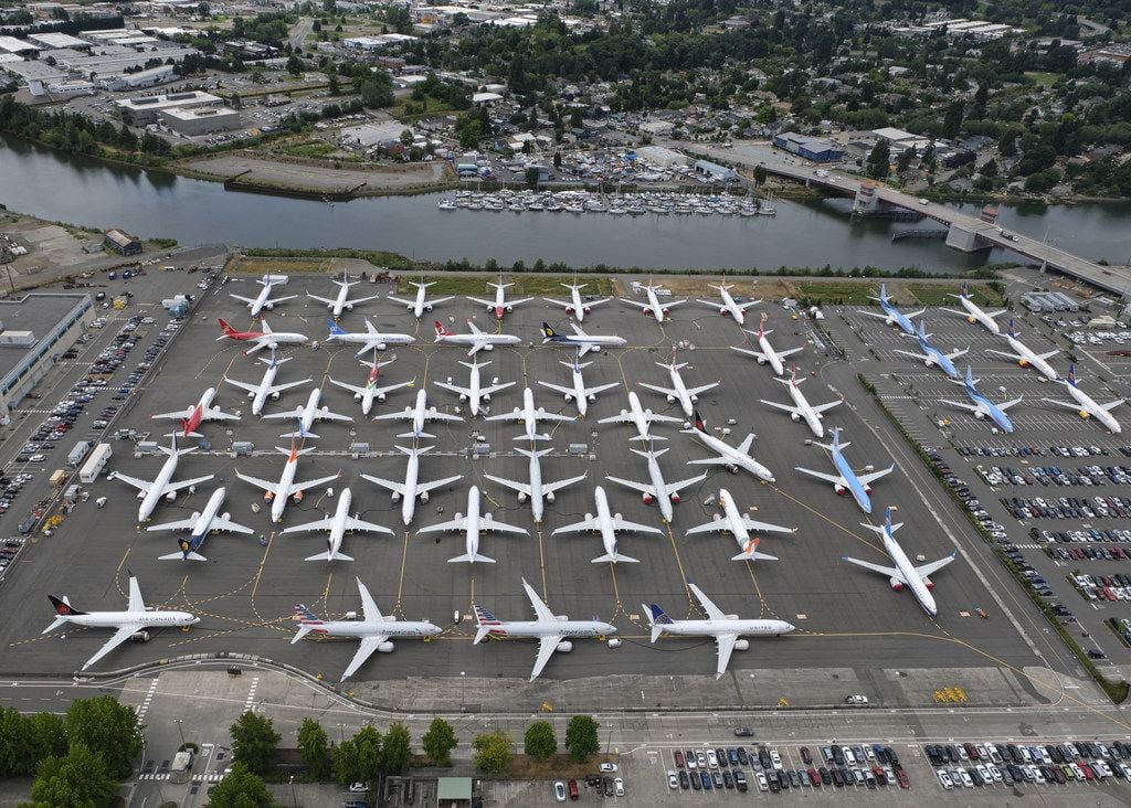 SEATTLE, WA - JUNE 27: Boeing 737 MAX airplanes are stored on employee parking lots near Boeing Field, on June 27, 2019 in Seattle, Washington. After a pair of crashes, the 737 MAX has been grounded by the FAA and other aviation agencies since March, 13, 2019.  (Photo by Stephen Brashear/Getty Images)