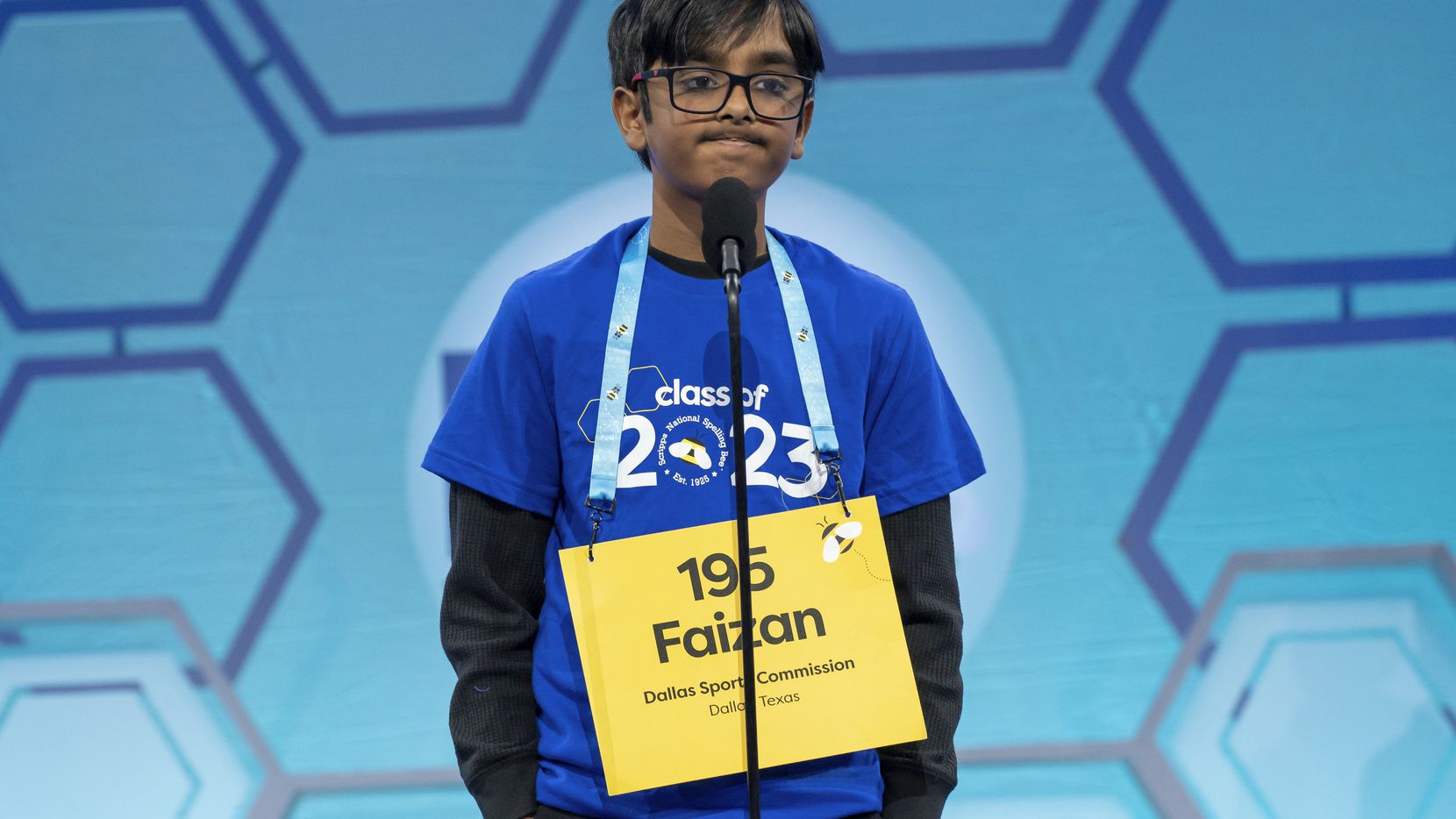 Faizan Zaki, 11, from Allen, Texas, competes during the Scripps National Spelling Bee,...
