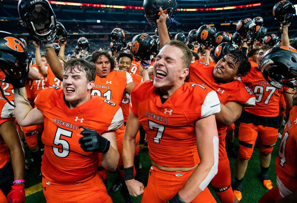 Rockwall celebrates a 60-59 win over Allen in a Class 6A Division I area-round high school football playoff game between Allen and Rockwall on Friday, November 22, 2019 at AT&T Stadium in Arlington. (Ashley Landis/The Dallas Morning News)