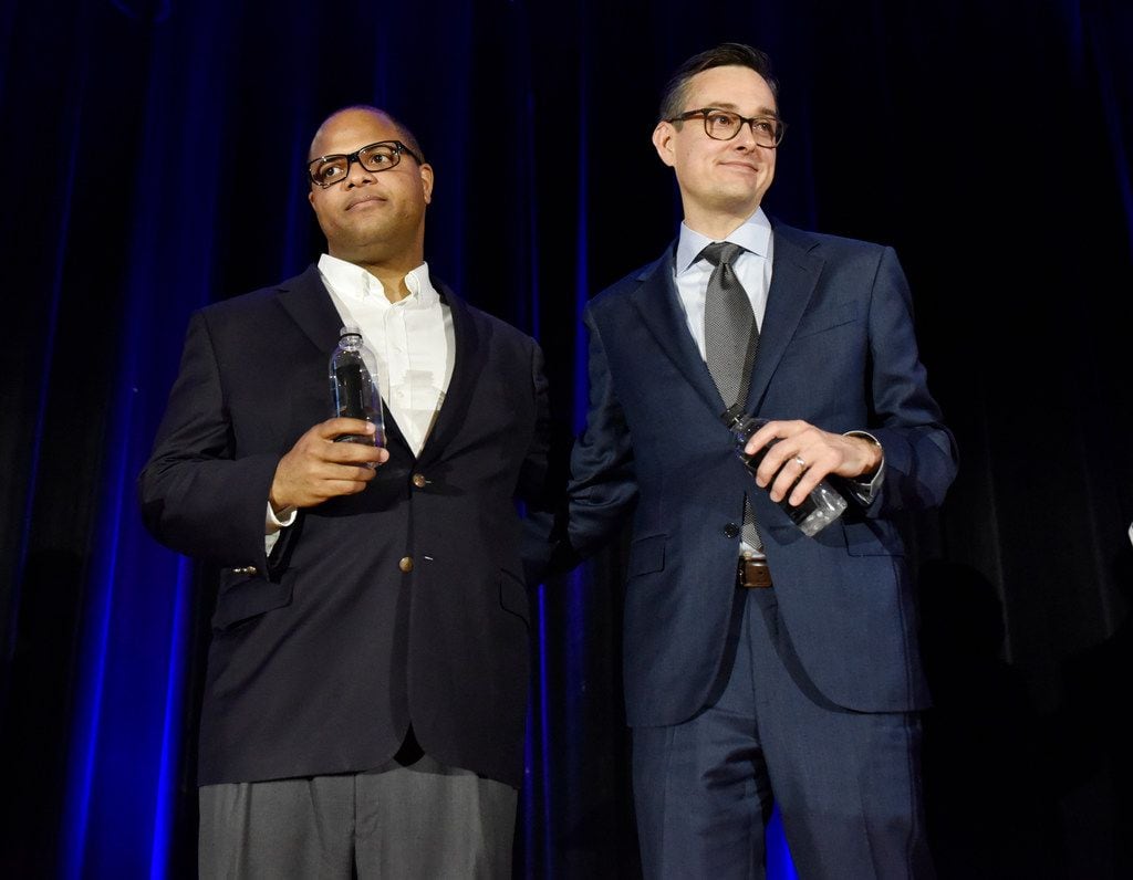 Dallas mayoral candidates Eric Johnson, left, and Scott Griggs  participated in a forum...