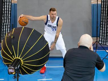 Dallas Mavericks guard Luka Doncic (77) dribbles a ball for a portrait during the Mavericks...