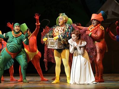 Dress rehearsal of the Dallas Opera's 'The Magic Flute,' at Winspear Opera House in Dallas, TX, on Oct. 15, 2019. In foreground, L to R, Brian Frutiger as Monostatos, Sean Michael Plumb as Papageno and Andrea Carroll as Pamina.