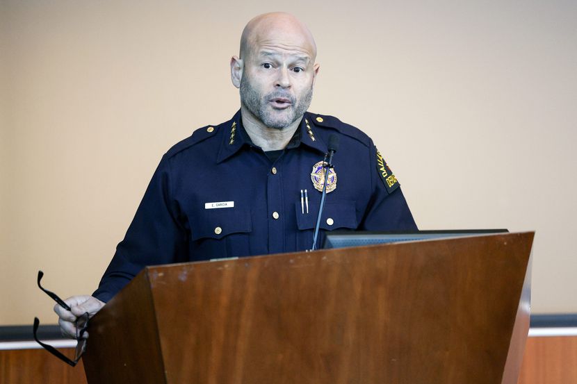 Dallas police Chief Eddie García answers questions during a news conference Monday at Jack...