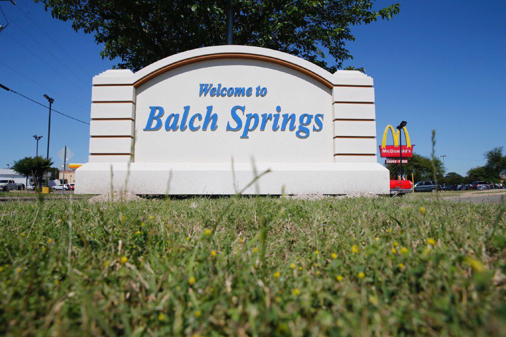 The welcome sign for Balch Springs is not far from the scene where now-fired officer Roy...