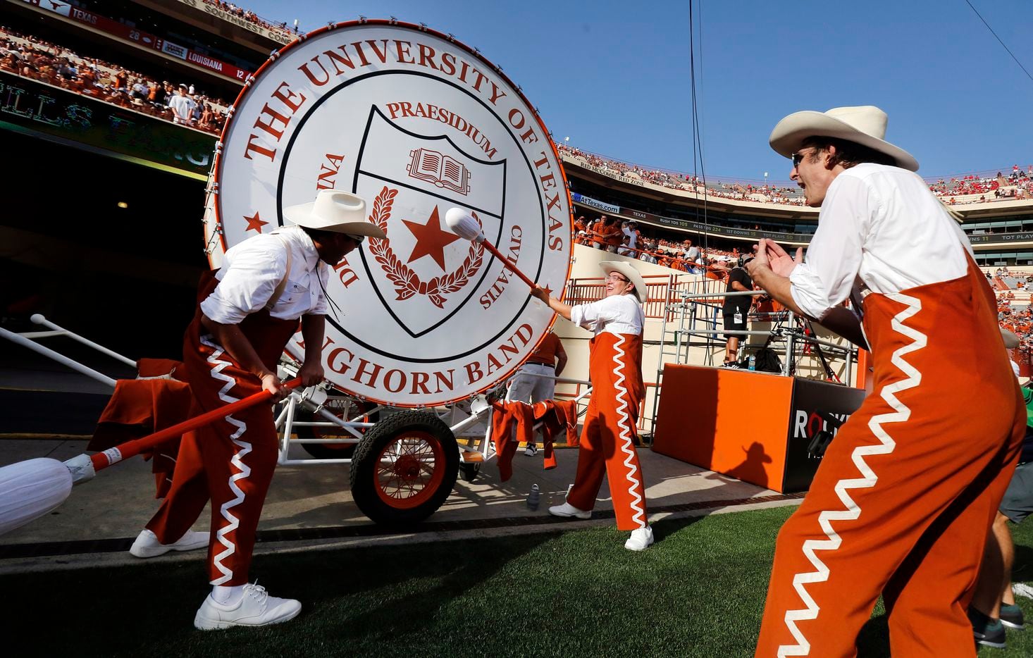 Texas Longhorn Band members beat the bass drum after a second half touchdown against the Louisiana-Lafayette Ragin Cajuns at DKR-Texas Memorial Stadium in Austin, Saturday, September 4, 2021. (Tom Fox/The Dallas Morning News)