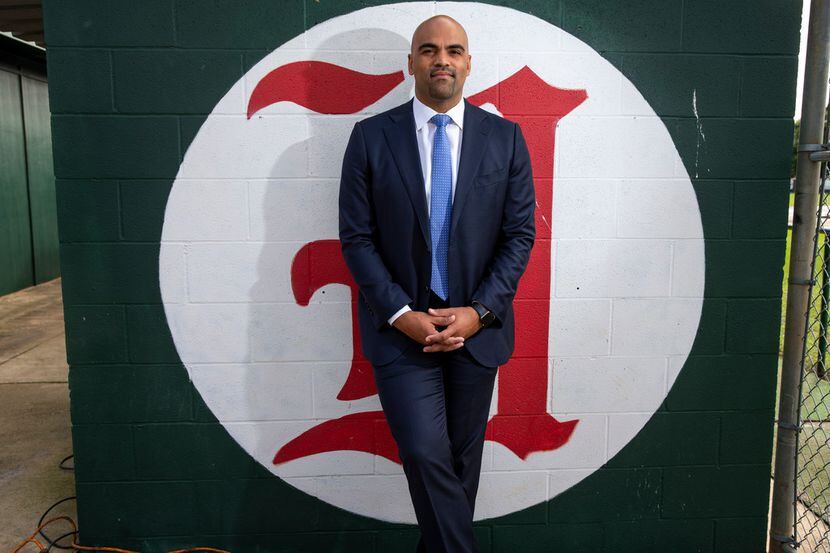 Colin Allred, a candidate for Congress, poses for a photo at his alma mater, Hillcrest High...