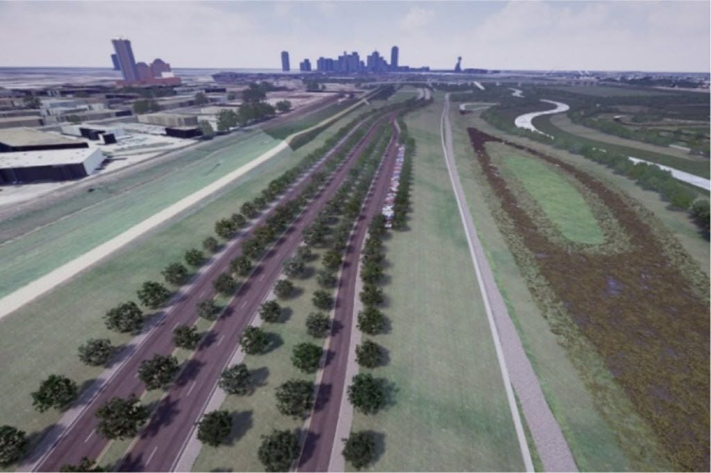 This illustration of what a tree-lined "meandering" Trinity River parkway might look like...