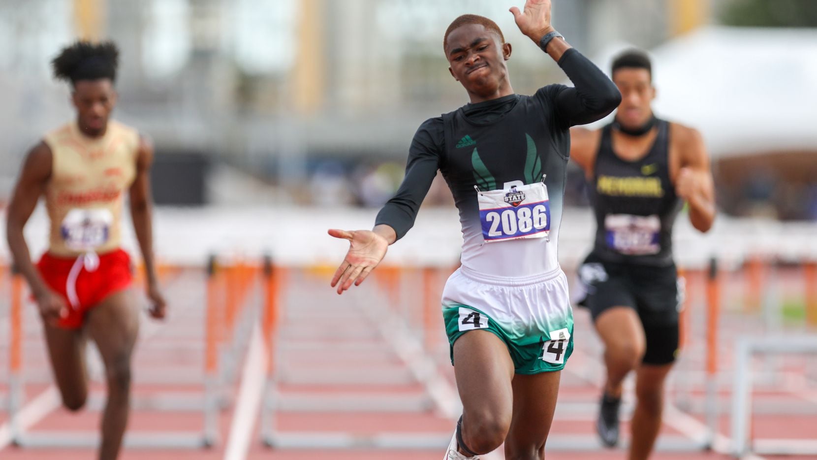 Mesquite Poteet's Kendrick Smallwood claps as he finishes first in the 5A Boys 110 meter hurdles during the UIL state track meet at the Mike A. Myers Stadium, at the University of Texas on May 7, 2021 in Austin, Texas.