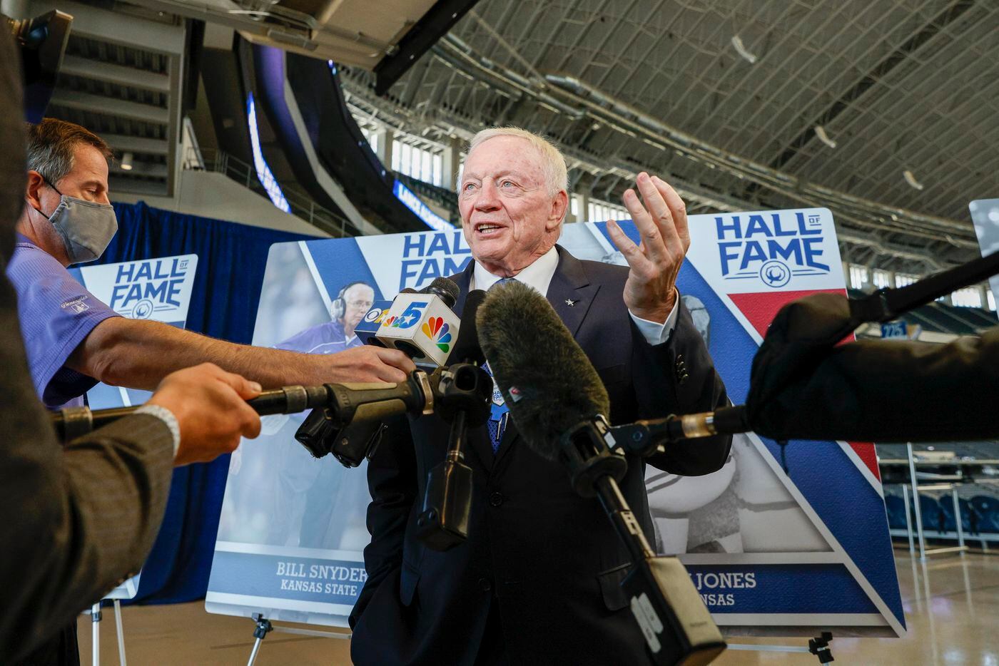 Dallas Cowboys owner Jerry Jones speaks with the media after the Cotton Bowl Hall of Fame induction ceremony at AT&T Stadium on Tuesday, Oct. 5, 2021, in Arlington. (Elias Valverde II/The Dallas Morning News)