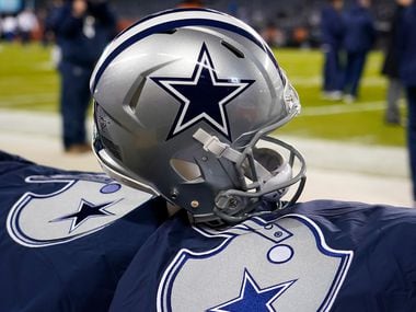 A Dallas Cowboys helmet on the bench ahead of an NFL football game against the Chicago Bears at Soldier Field on Thursday, December 5, 2019 in Chicago.