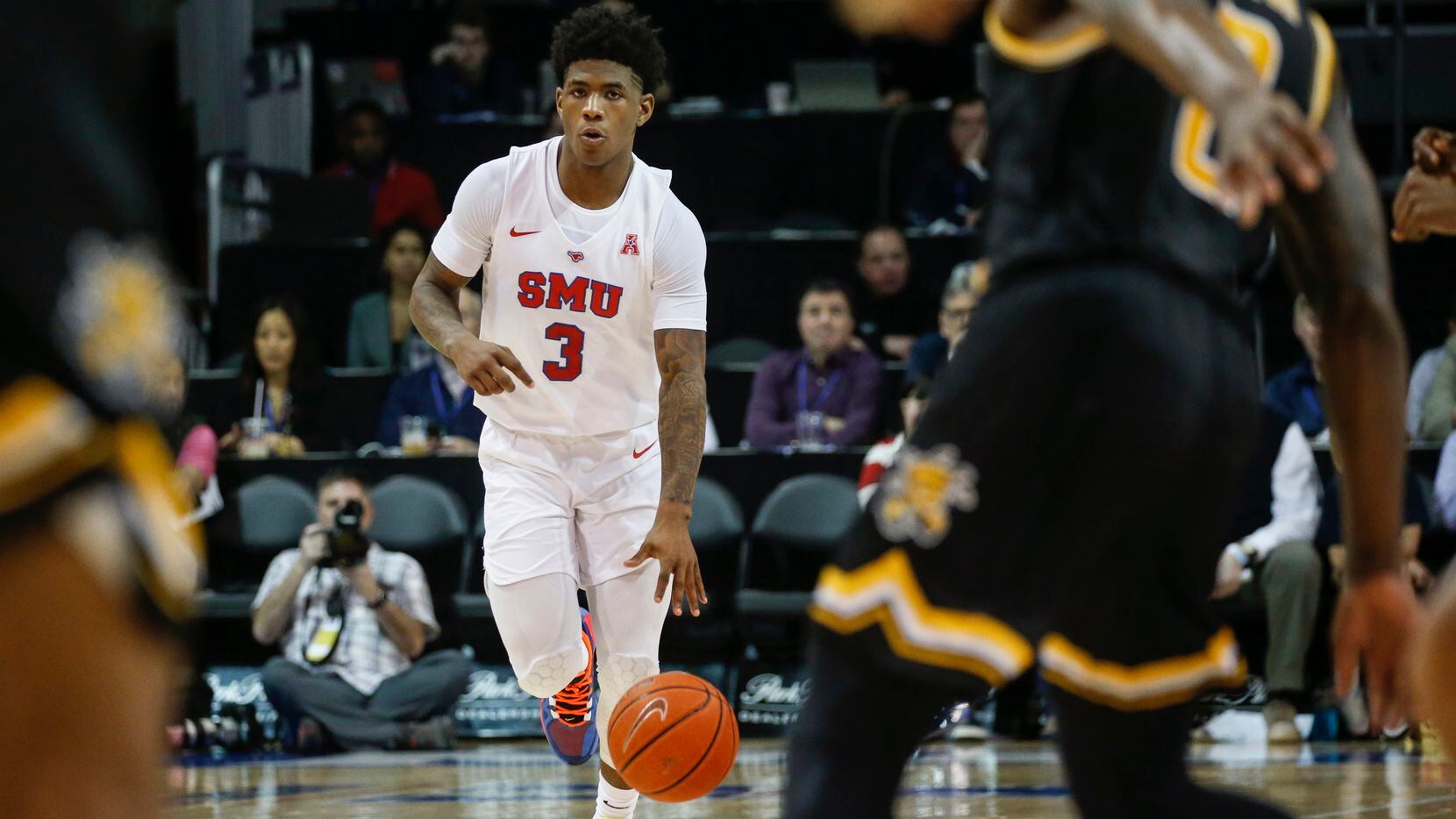 Southern Methodist Mustangs guard Kendric Davis (3) waits for the offense to set during the...