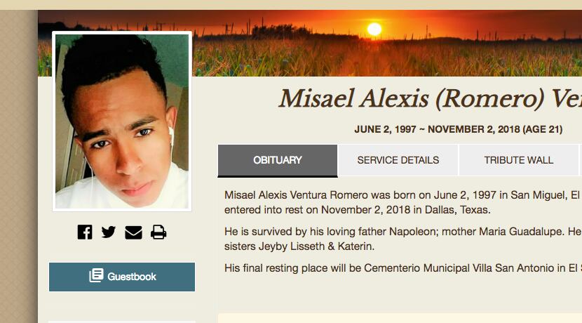 El sitio web de un sitio funeral notifica sobre el entierro de Miseal Alexis Romero en El...