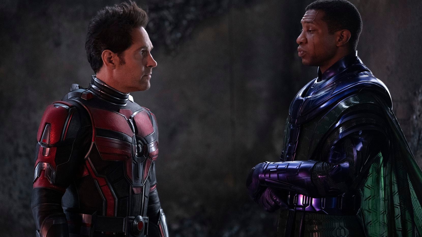 Paul Rudd (left) stars as Ant-Man with Jonathan Majors as the menacing Kang the Conquerer in...