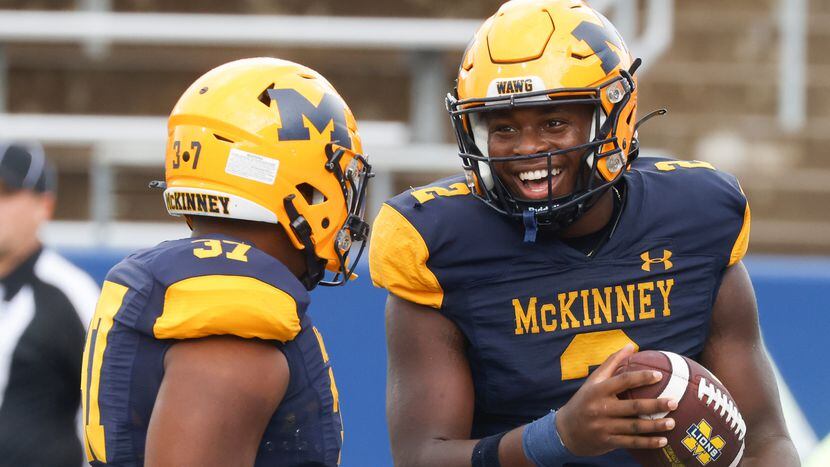 McKinney's Bryan Jackson (right) and Wyndham Thompson celebrated a touchdown against Temple...