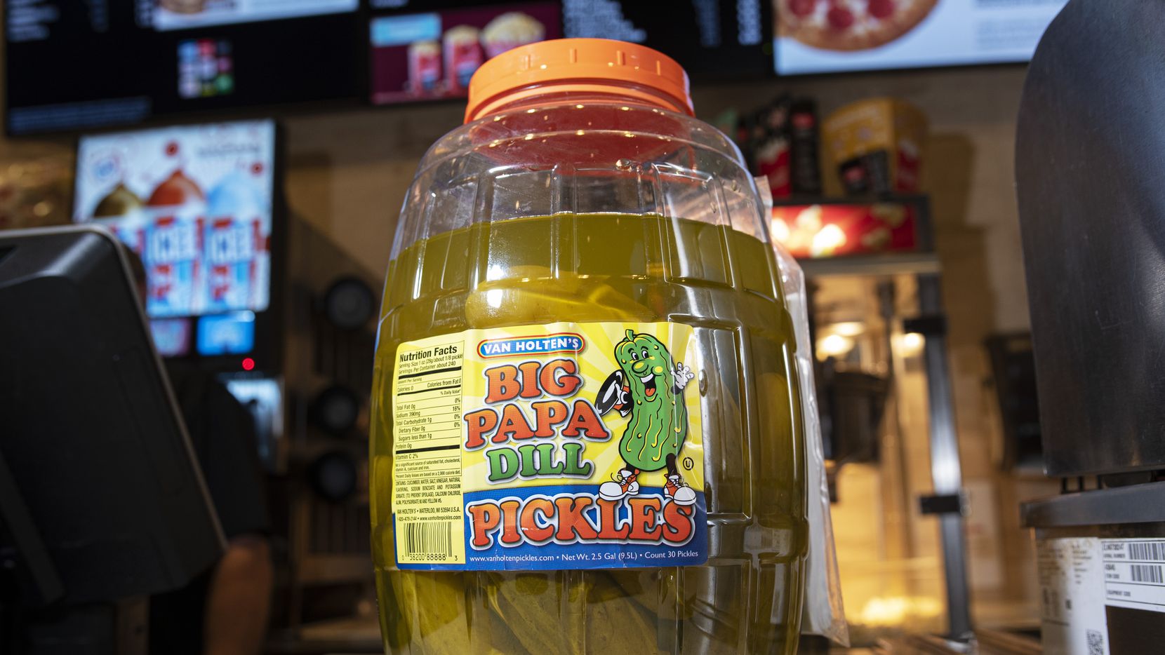 Big Papa Dill Pickles on sale at the Cinemark 17 IMAX movie theater in Dallas, on Sunday, Nov. 22, 2020.