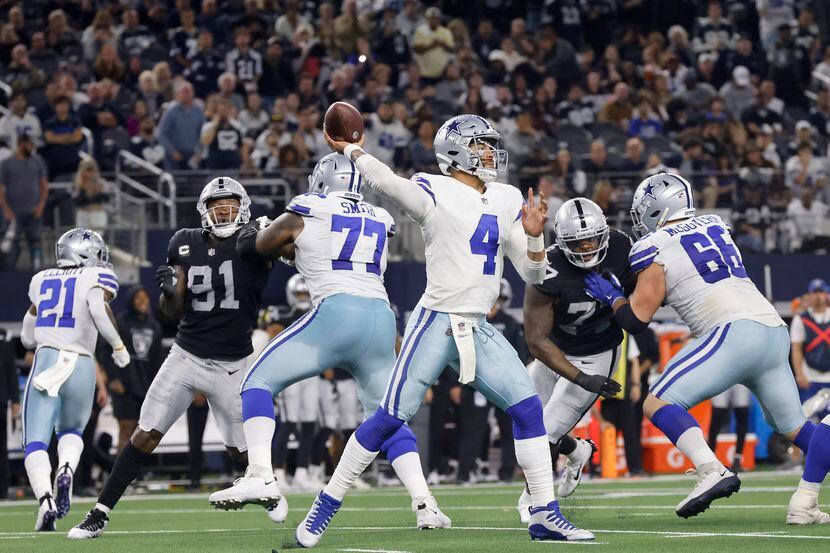 Dallas Cowboys quarterback Dak Prescott (4) throws a second half pass against the Las Vegas...