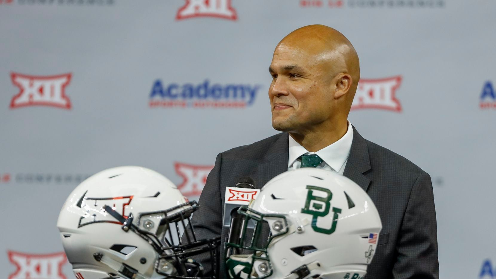 Baylor head football coach Dave Aranda smiles during the Big 12 Conference Media Days at AT&T Stadium on Thursday, July 15, 2021, in Arlington.