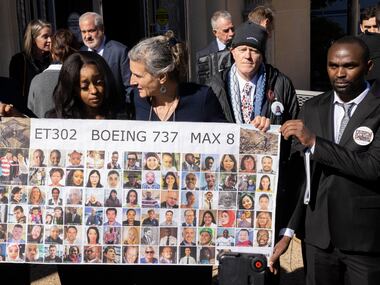 Families of people killed in two Boeing 737 MAX crashes, speak to the press following a...