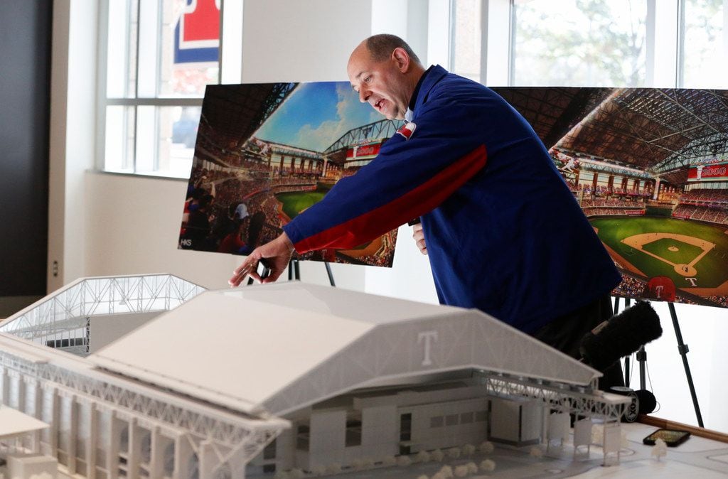 Rob Matwick, Rangers Executive Vice President of Business Operations, unveils a 3D model of...
