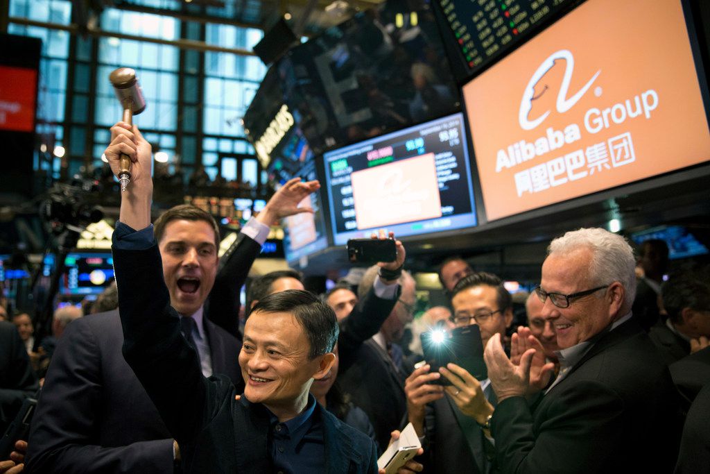 Jack Ma, chairman of Alibaba, prepares to ring the bell at the New York Stock Exchange on...