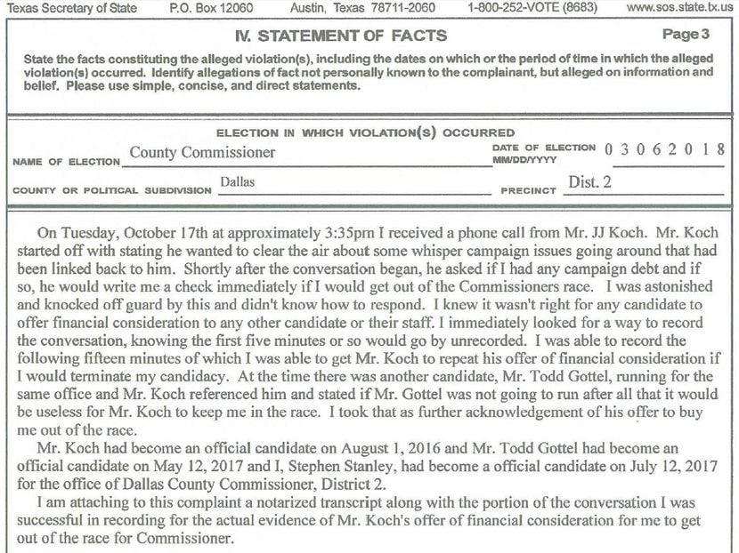 Stephen Stanley's official complaint that he filed with the Texas secretary of state's...