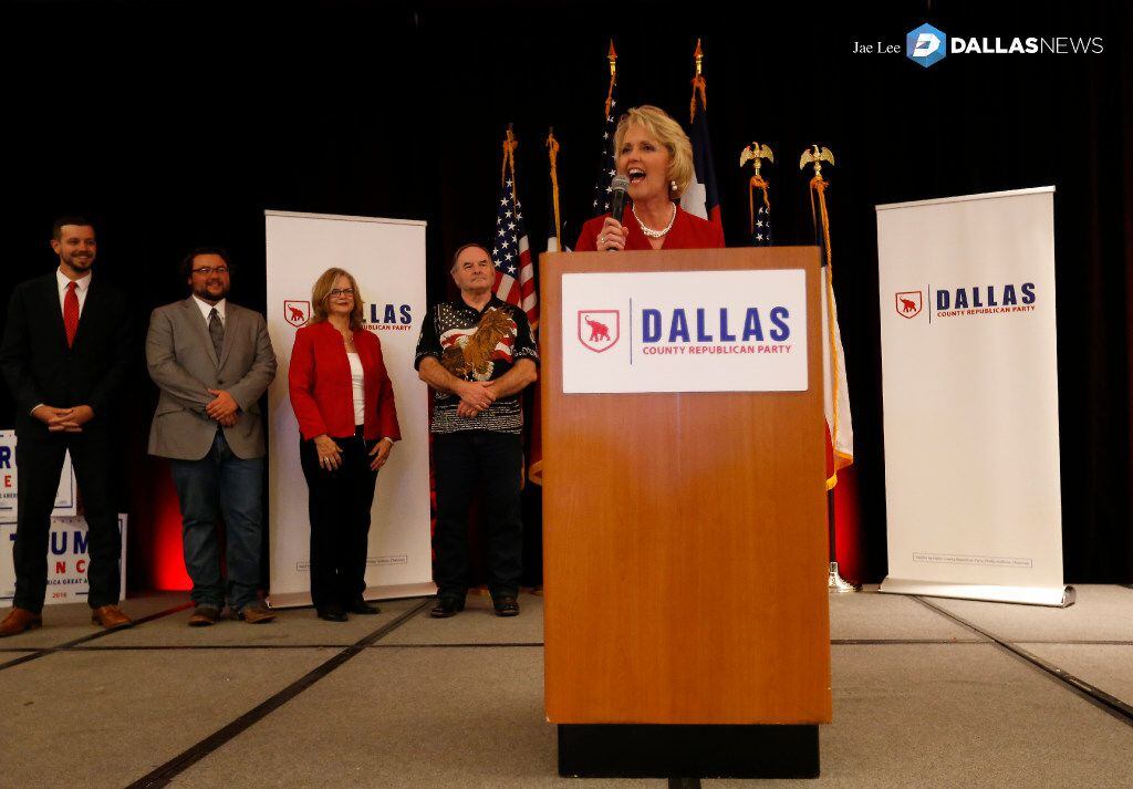 State Rep. Cindy Burkett makes a victory speech at a Dallas County Republican watch party at...